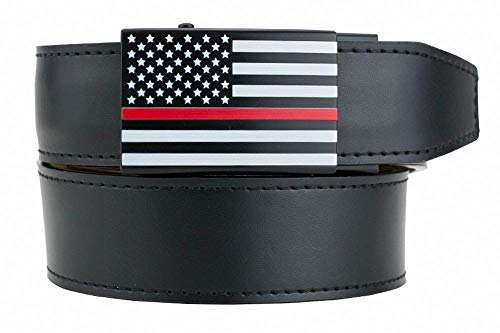 USA Thin Red Line Black Leather Belt for Men with Adjustable Ratchet Buckle - Nexbelt Ratchet System Technology