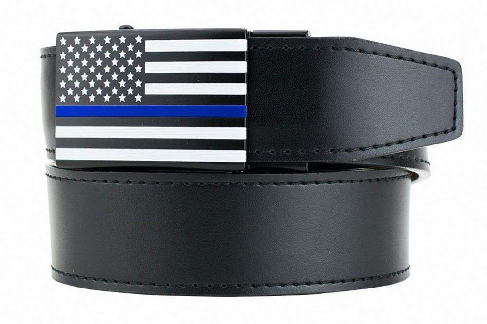 USA Thin Blue Line Black Leather Belt for Men with Adjustable Ratchet Buckle - Nexbelt Ratchet System Technology