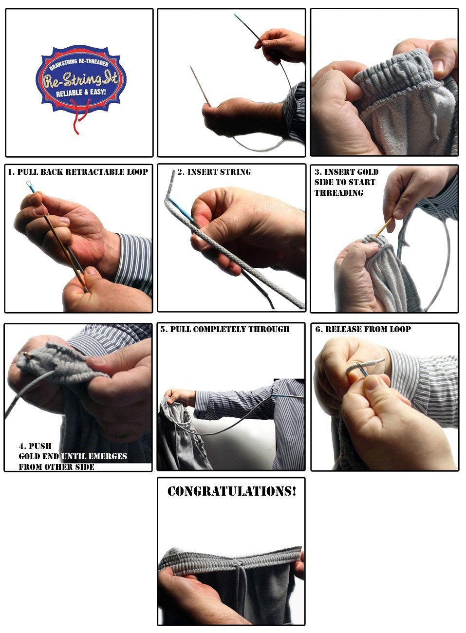 Re-StringIt - Universal Drawstring Re-Threader - Adjustable Loop For Any Drawstring (+ 4 Bonus Drawstrings)